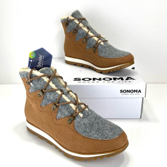 Sonoma Ortholite Eco Women Brown Winter Bootie Sz 10 Faux Suede/Fur Lace-Up New - Picture 10 of 16